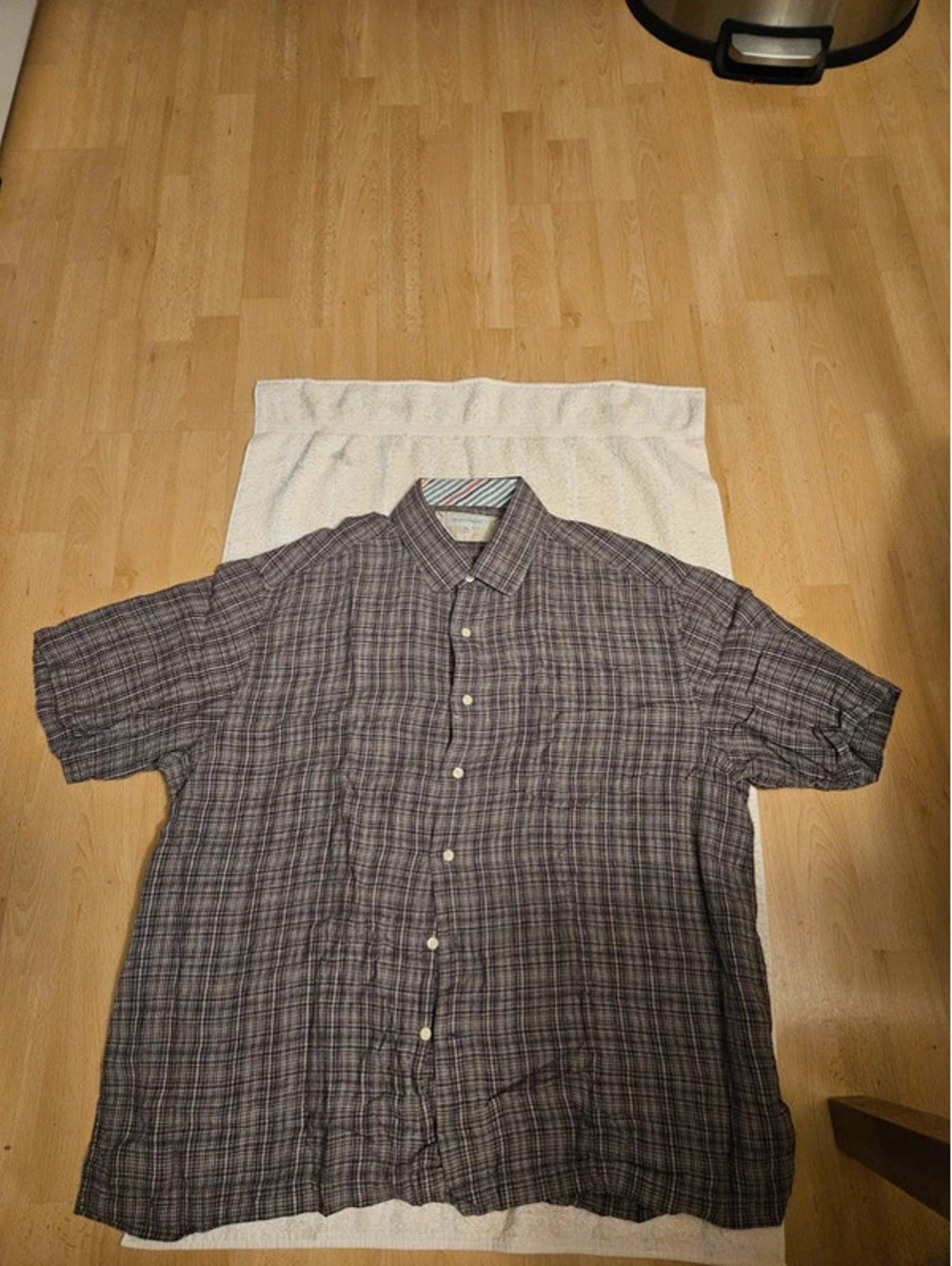 Alex Cannon Men's 100% Linen Short Sleeve Button Plaid Shirt Purple Tan XXL